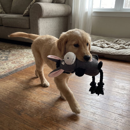 Squeaky Plush Dog Toy with Rope Legs | Crinkle Ears, Treat Pocket