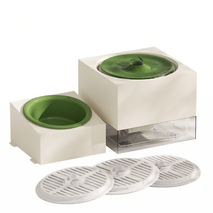 Cat Water Fountain, Record Player Design | 67.6 oz | Matching Food Bowl