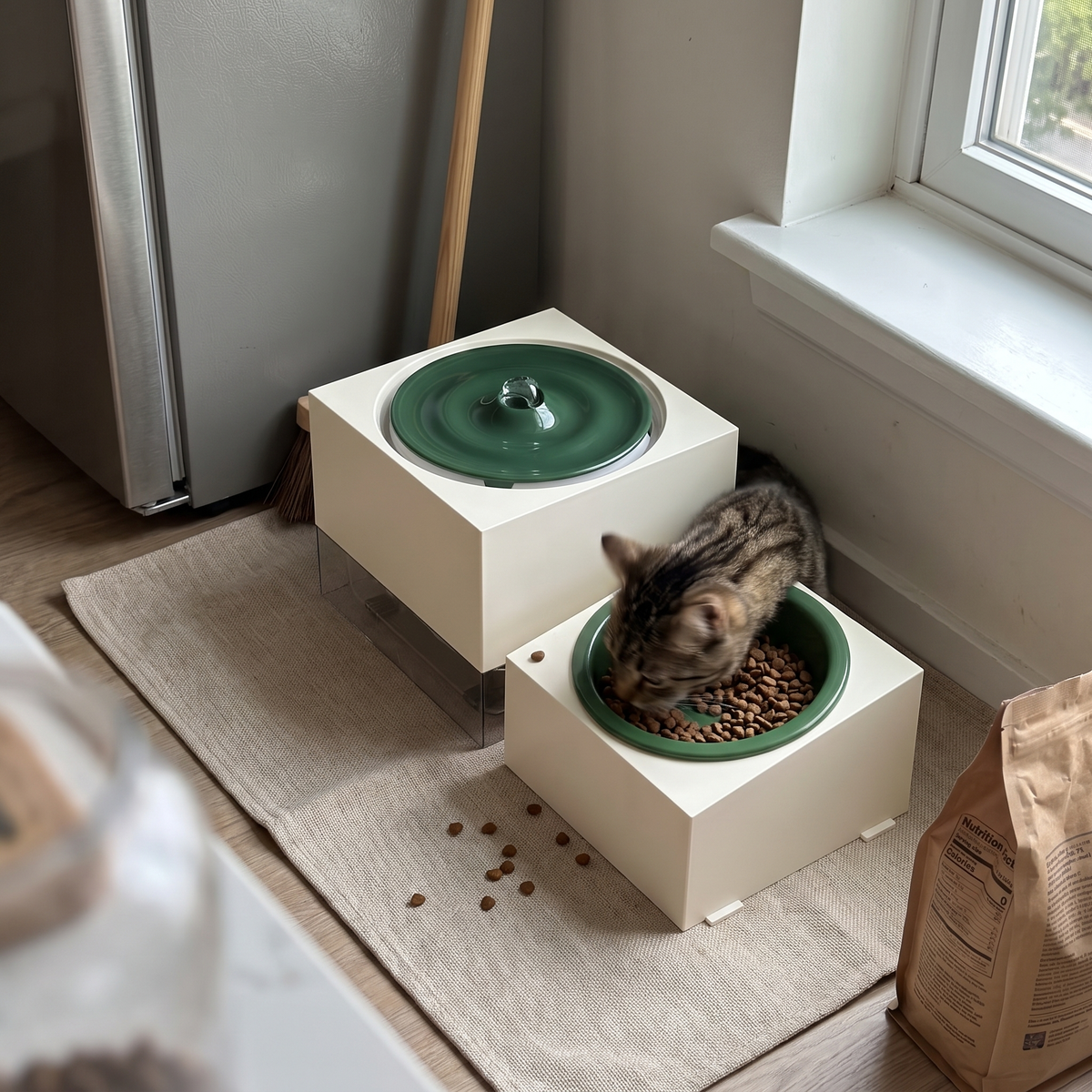 Cat Water Fountain, Record Player Design | 67.6 oz | Matching Food Bowl