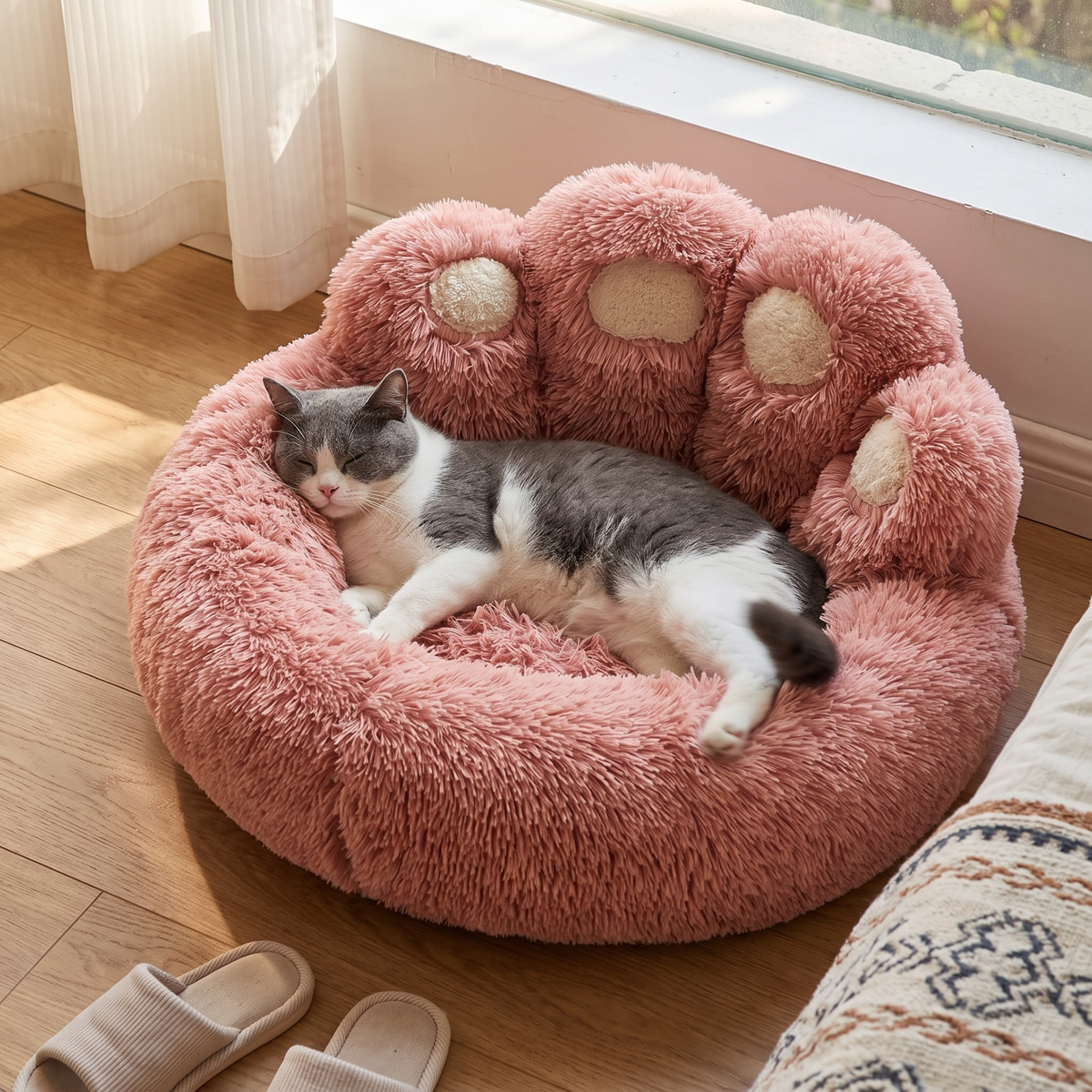 Fluffy Cat Bed with Backrest | Green Monster or Paw Shape | M to XL