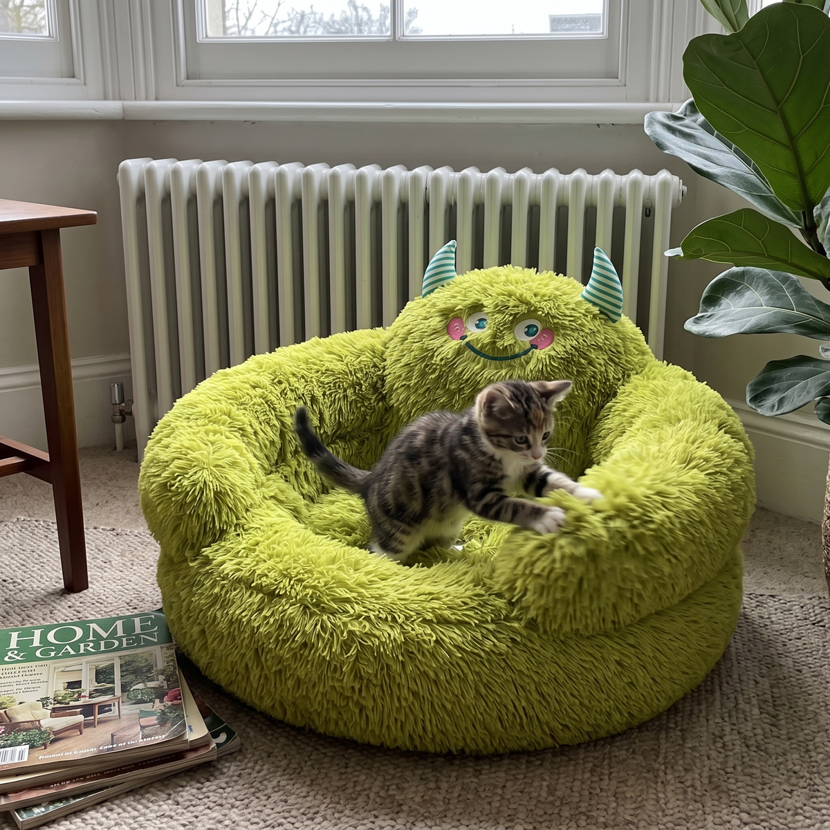 Fluffy Cat Bed with Backrest | Green Monster or Paw Shape | M to XL