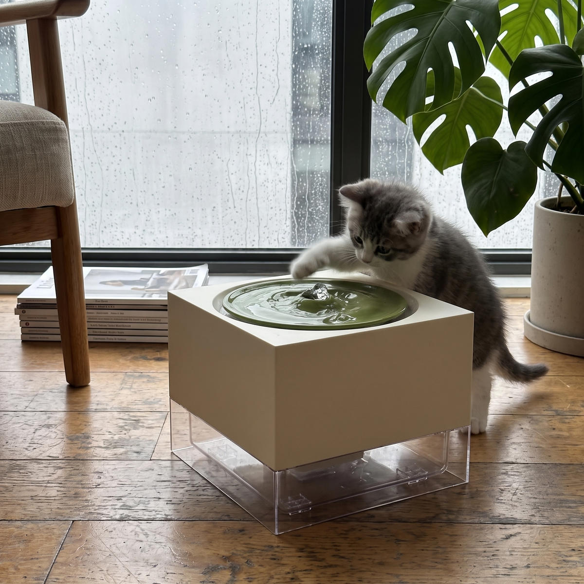 Cat Water Fountain, Record Player Design | 67.6 oz | Matching Food Bowl