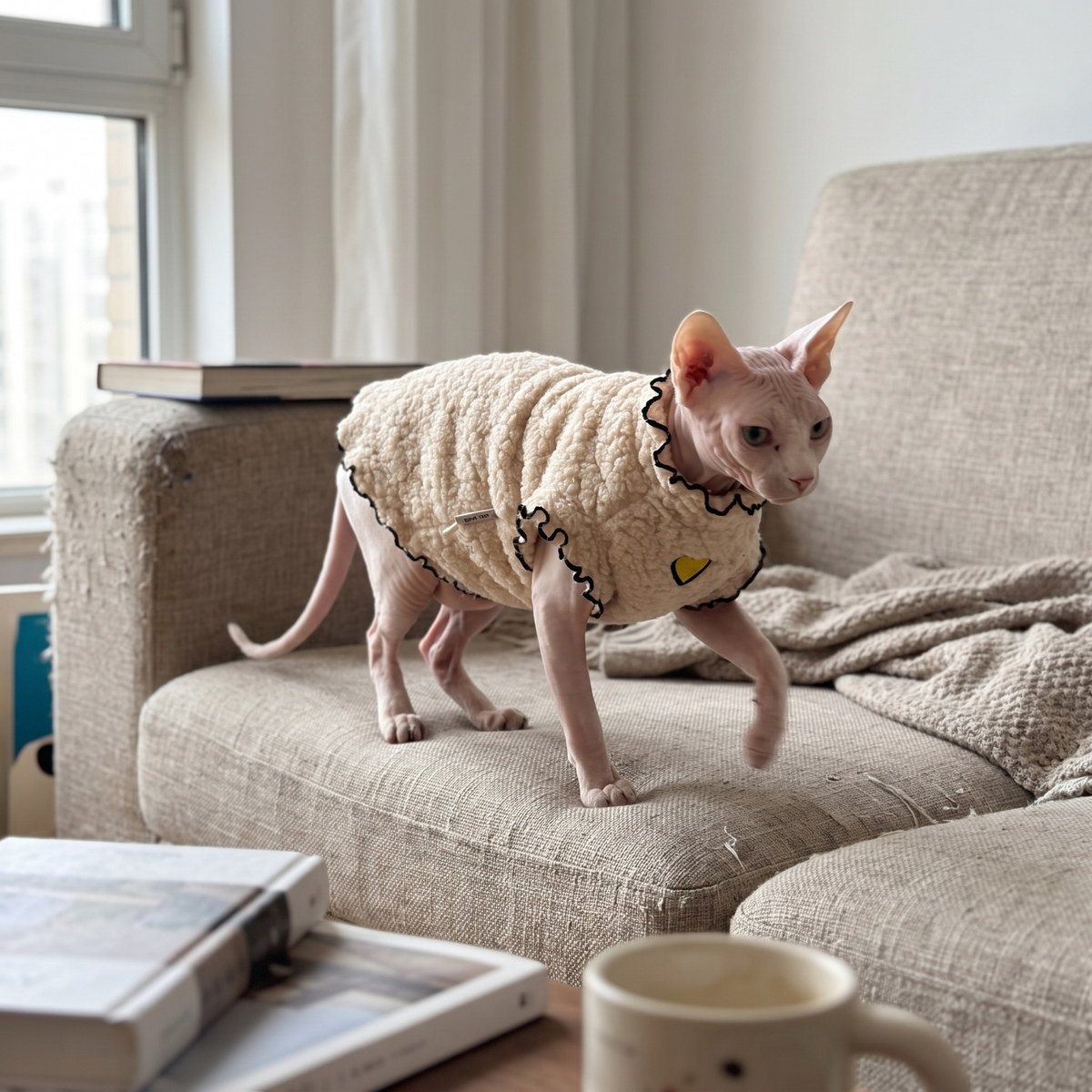 Fleece Cat Sweater for Hairless Cats | Ruffle Trim | XS to 2XL
