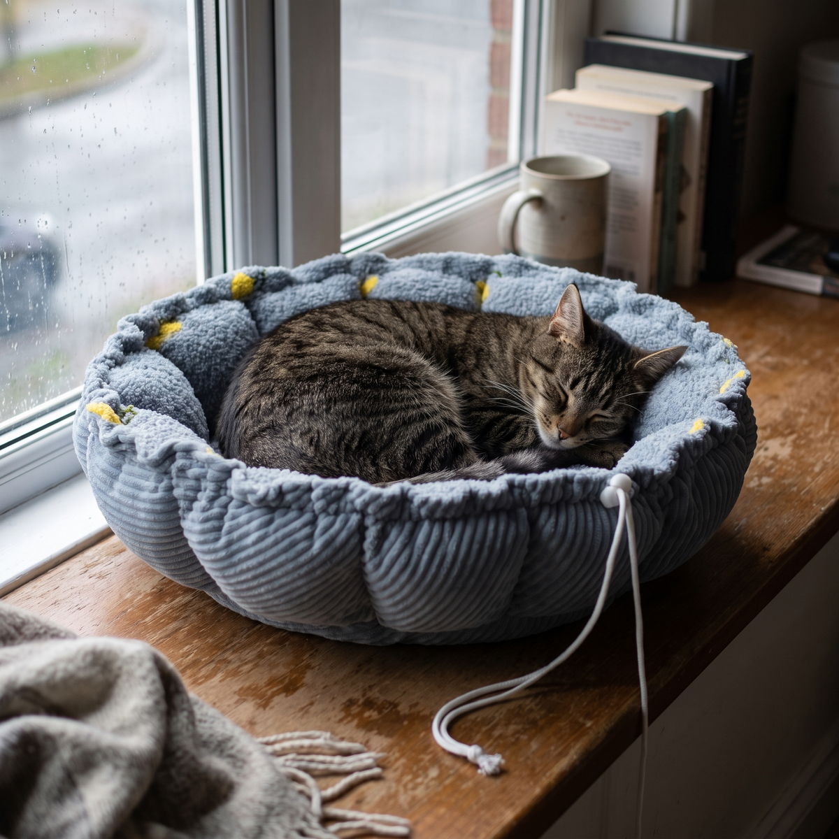 Drawstring Cat Bed and Mat, 2-in-1 | Petal Rim, Fruit Print | S or M