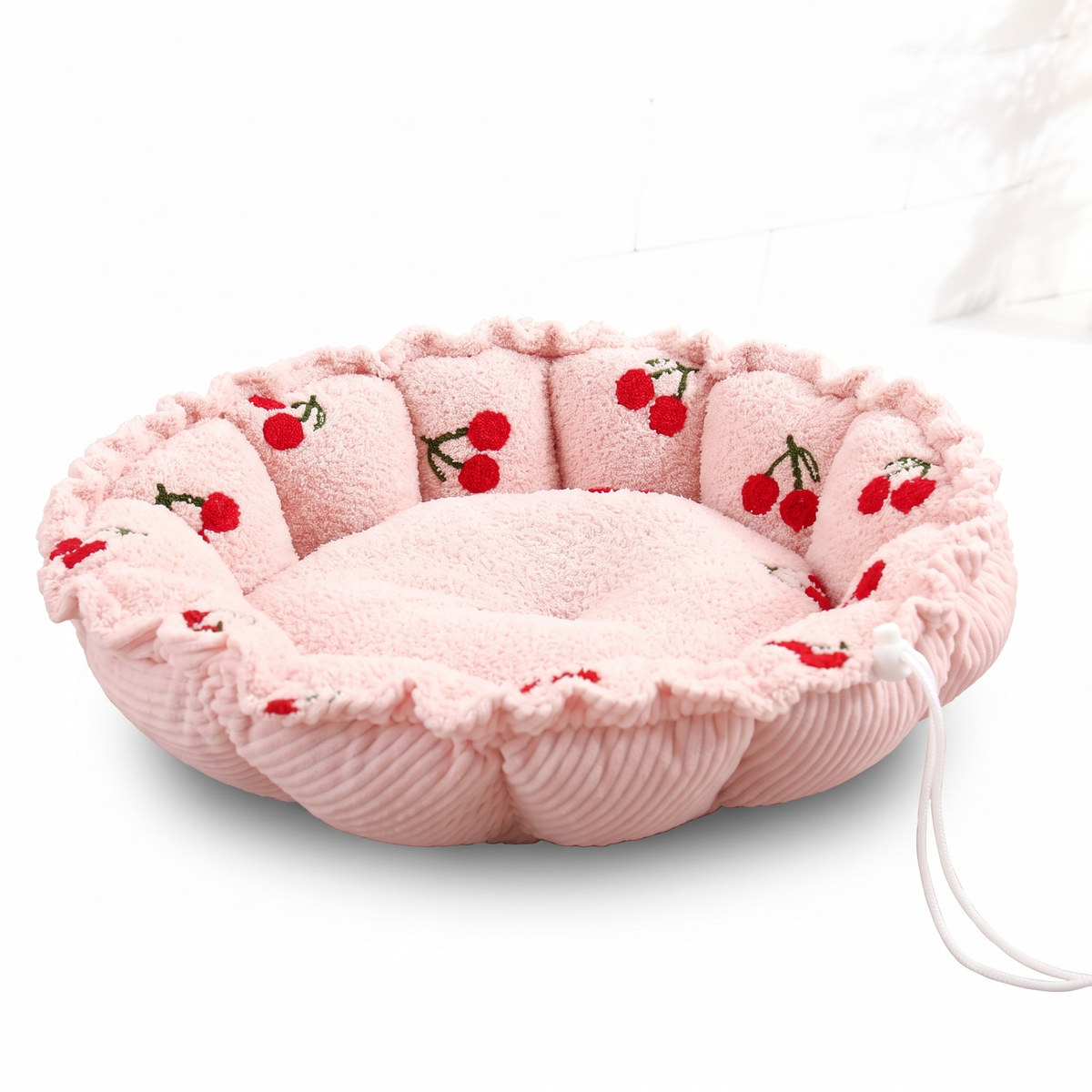 Drawstring Cat Bed and Mat, 2-in-1 | Petal Rim, Fruit Print | S or M