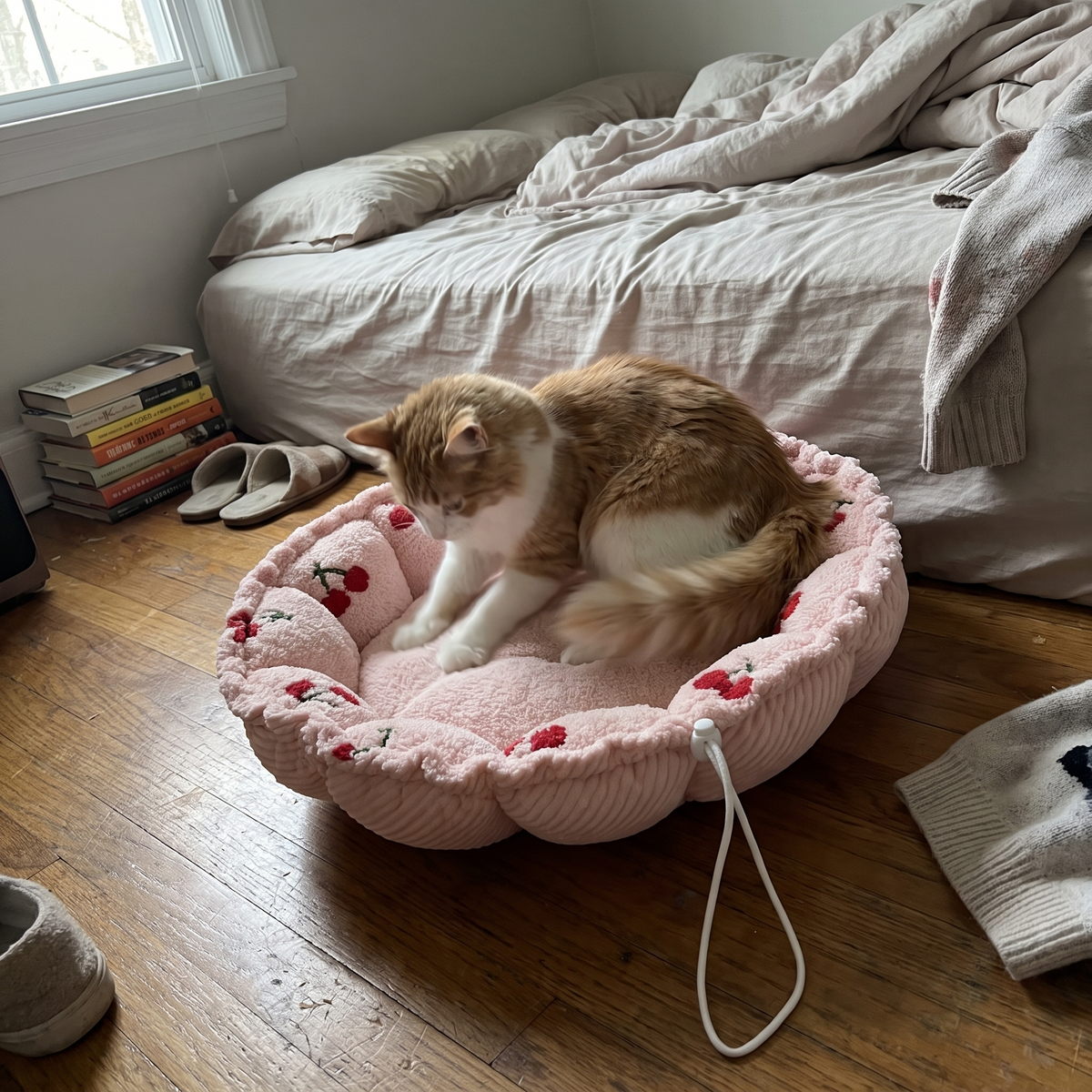 Drawstring Cat Bed and Mat, 2-in-1 | Petal Rim, Fruit Print | S or M