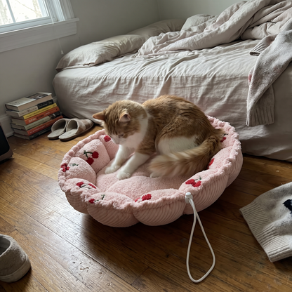 Drawstring Cat Bed and Mat, 2-in-1 | Petal Rim, Fruit Print | S or M