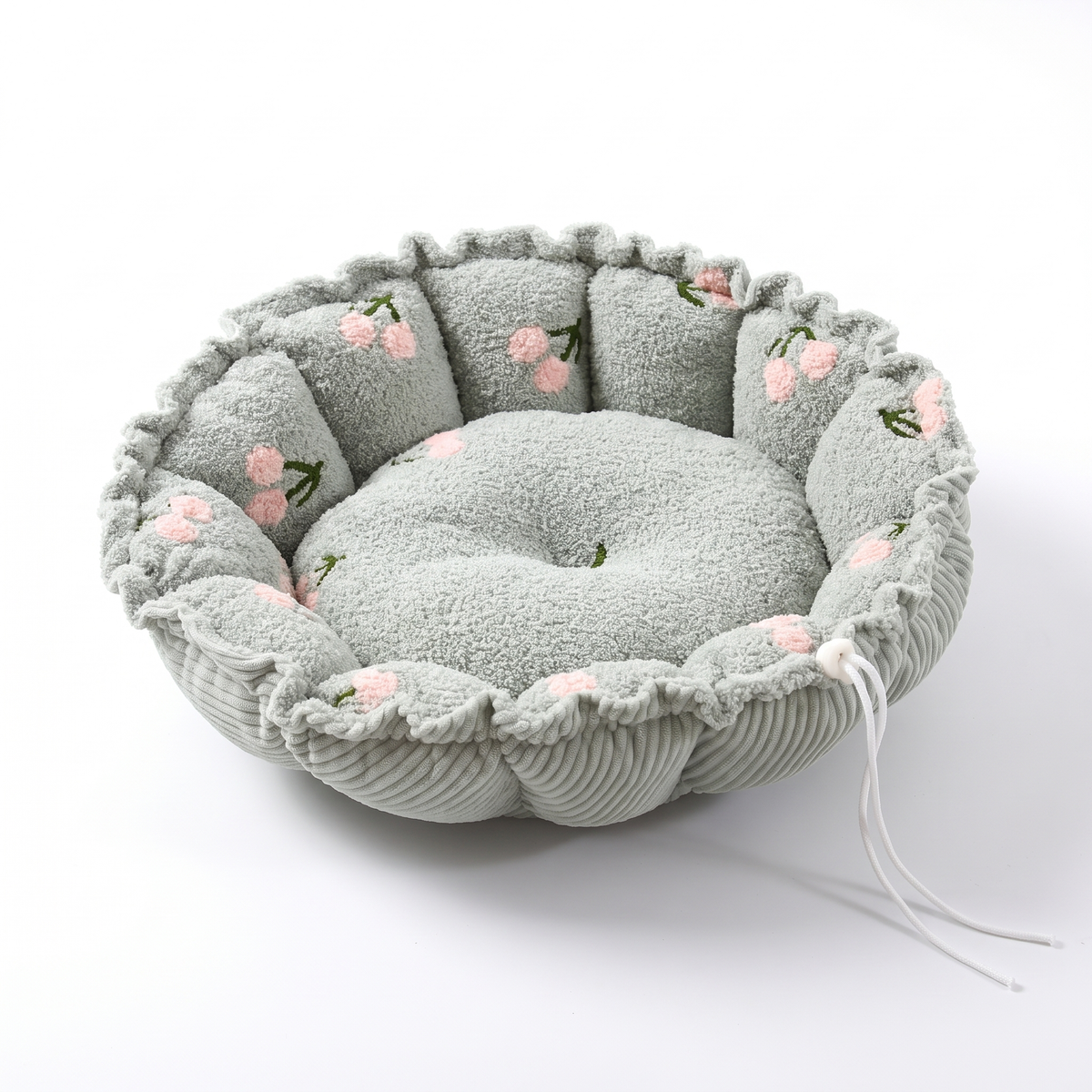 Drawstring Cat Bed and Mat, 2-in-1 | Petal Rim, Fruit Print | S or M