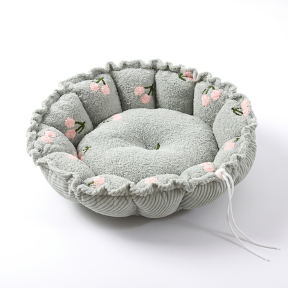 Drawstring Cat Bed and Mat, 2-in-1 | Petal Rim, Fruit Print | S or M
