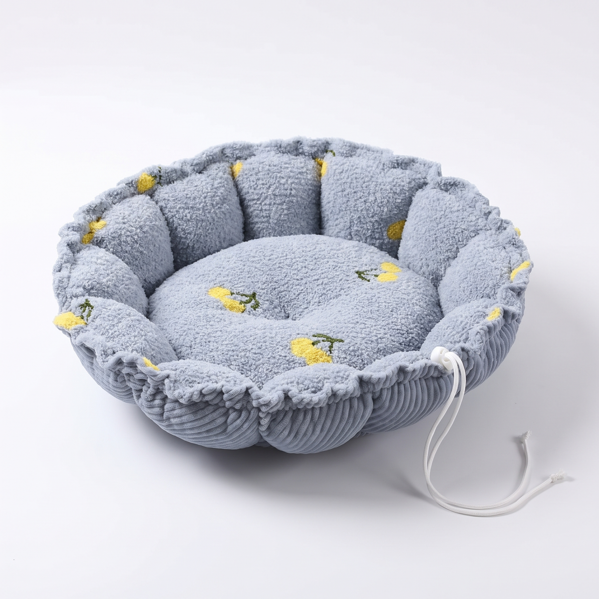 Drawstring Cat Bed and Mat, 2-in-1 | Petal Rim, Fruit Print | S or M