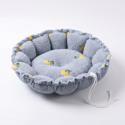 Drawstring Cat Bed and Mat, 2-in-1 | Petal Rim, Fruit Print | S or M