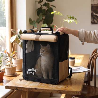 Roll-Top Cat Backpack Carrier | Foldable Mesh Body, Optional Trolley