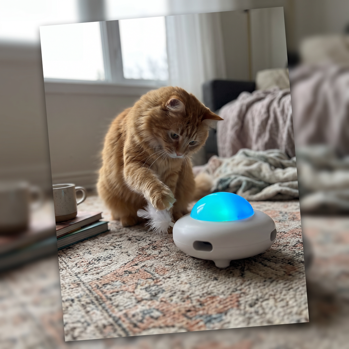 Self-Moving Cat Toy Robot | Pop-Out Feathers, Light-Up Dome
