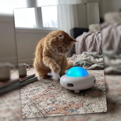 Self-Moving Cat Toy Robot | Pop-Out Feathers, Light-Up Dome