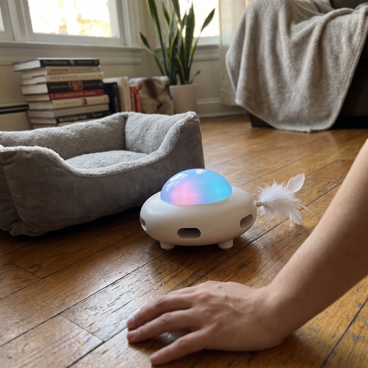 Self-Moving Cat Toy Robot | Pop-Out Feathers, Light-Up Dome