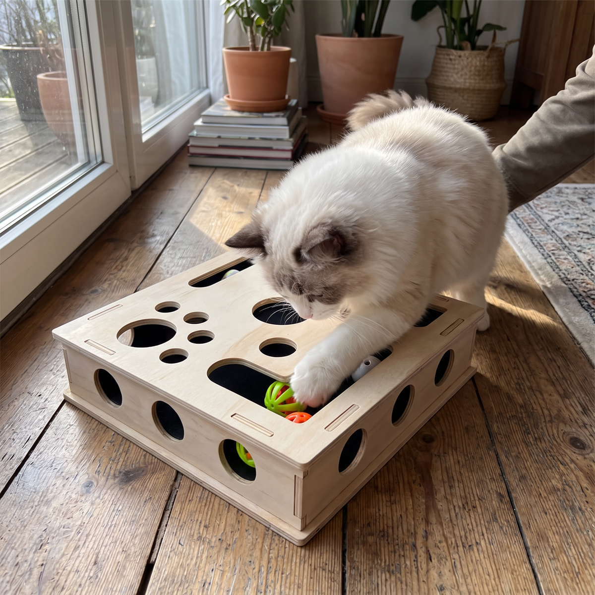 Cat Puzzle Box with Claw Filing Pad | Wooden, Paw Holes