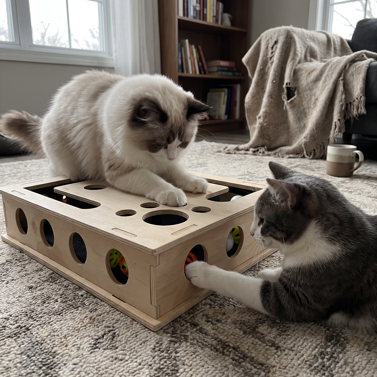 Cat Puzzle Box with Claw Filing Pad | Wooden, Paw Holes