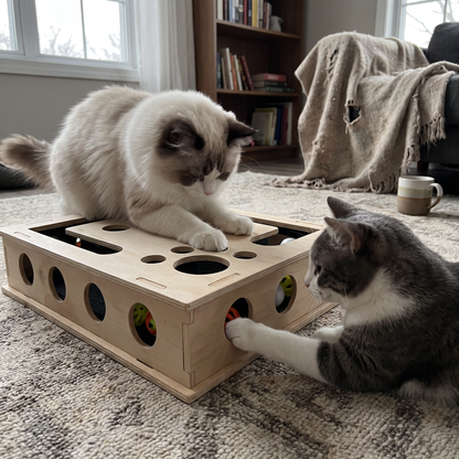 Cat Puzzle Box with Claw Filing Pad | Wooden, Paw Holes