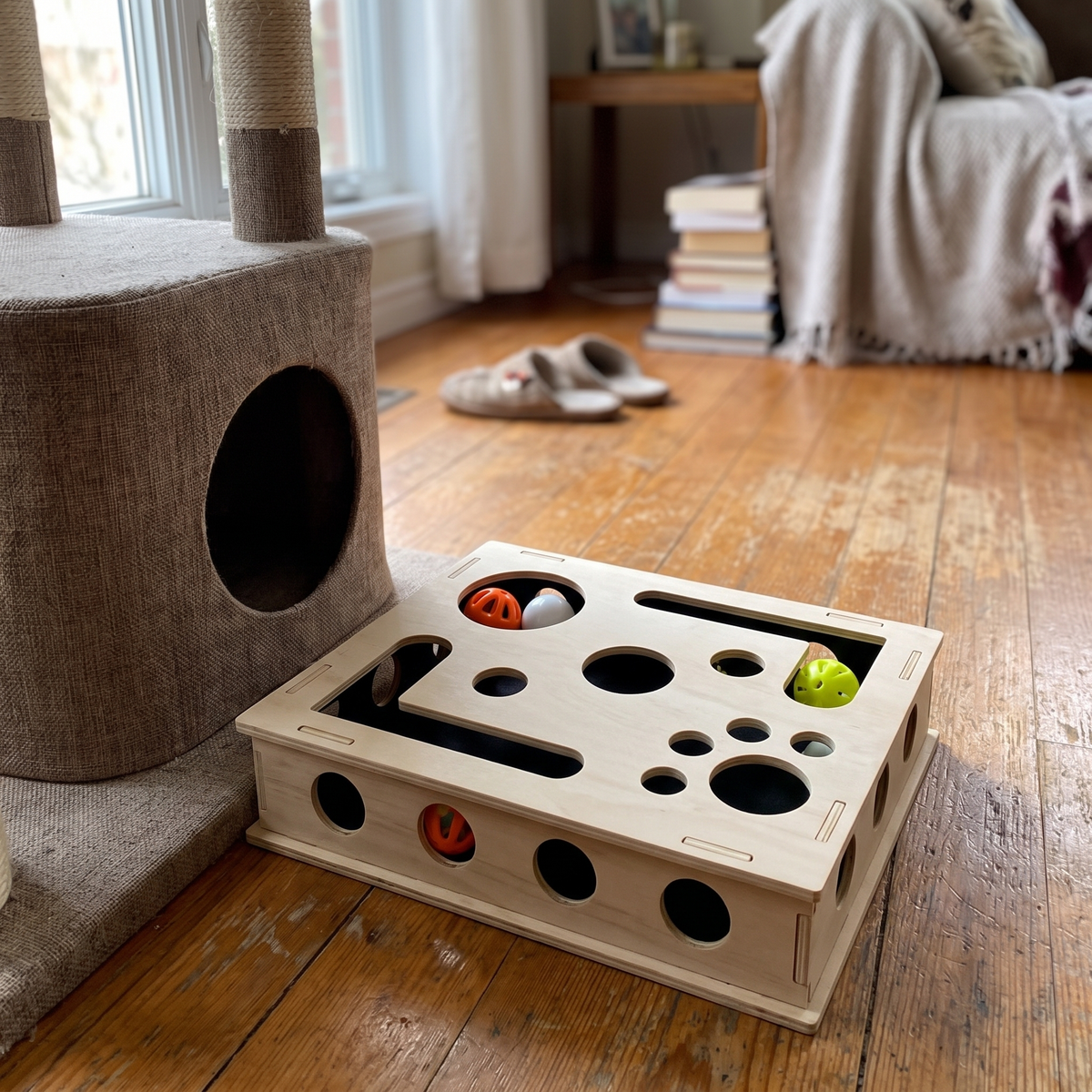 Cat Puzzle Box with Claw Filing Pad | Wooden, Paw Holes