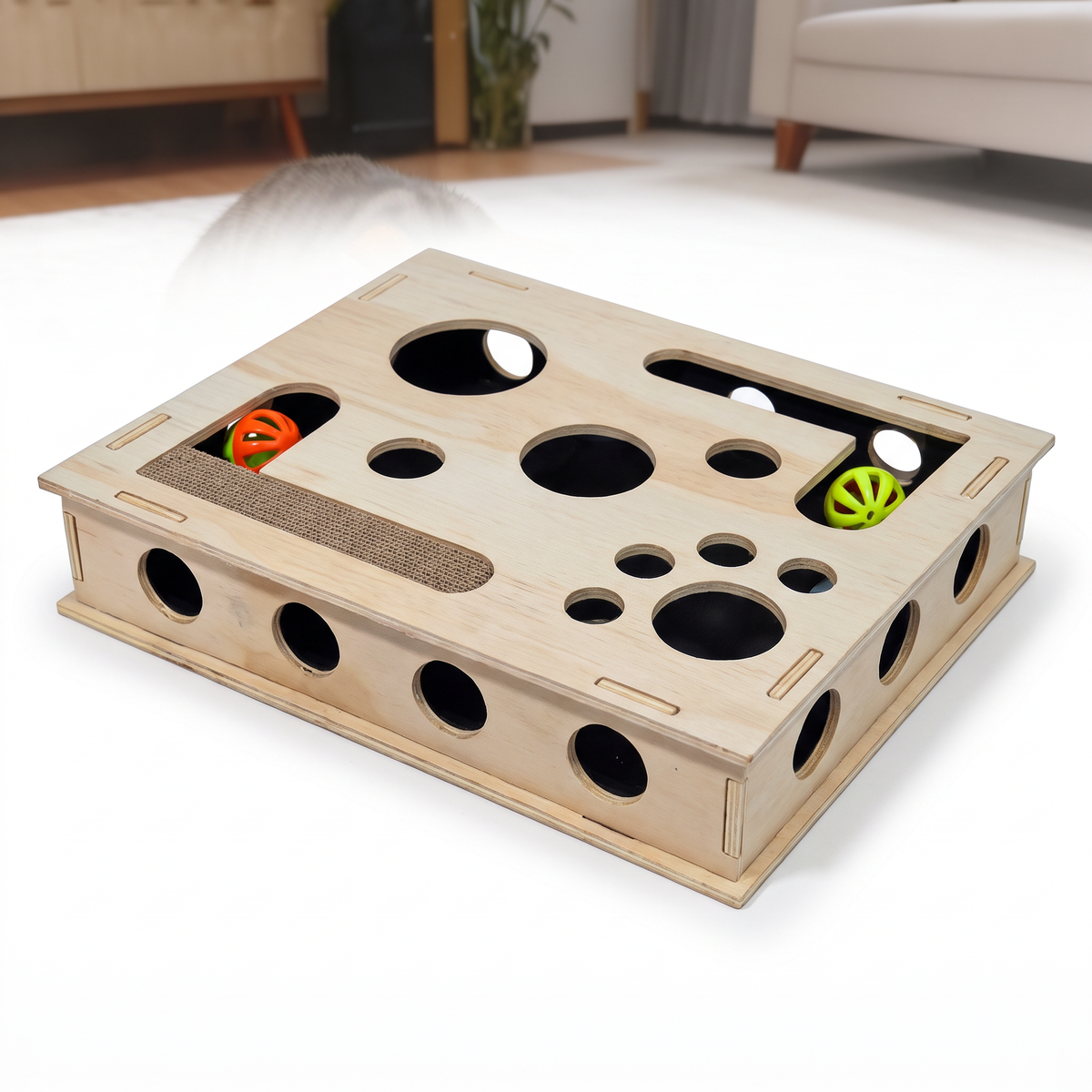 Cat Puzzle Box with Claw Filing Pad | Wooden, Paw Holes