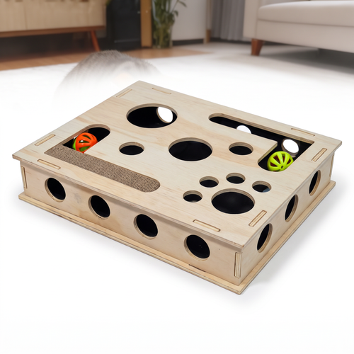 Cat Puzzle Box with Claw Filing Pad | Wooden, Paw Holes
