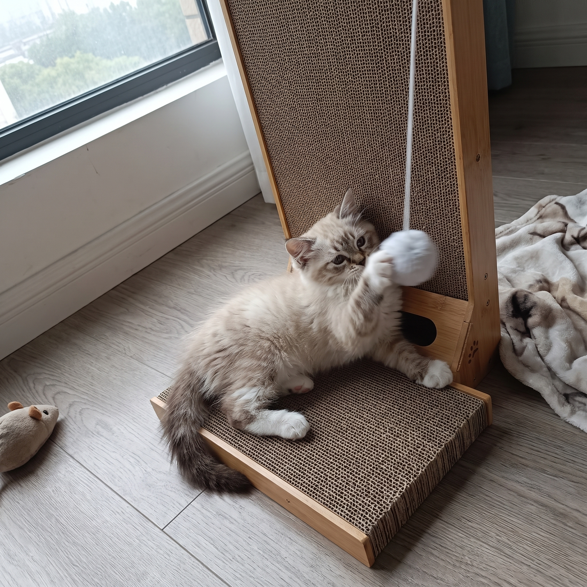 L-Shaped Cat Scratcher with Pom-Pom Toy | Cardboard, Small or Large