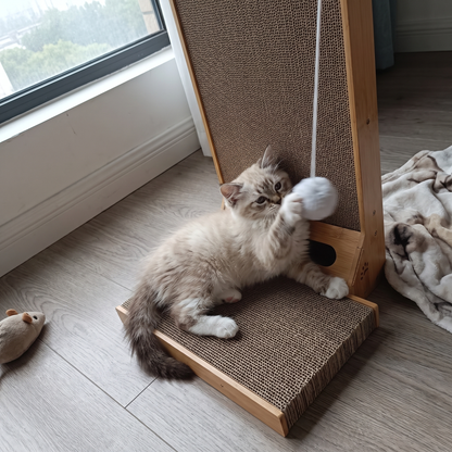 L-Shaped Cat Scratcher with Pom-Pom Toy | Cardboard, Small or Large