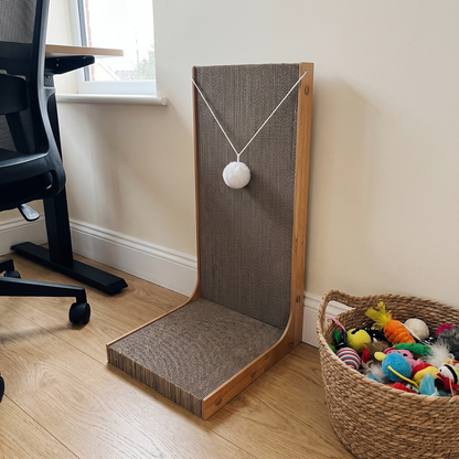 L-Shaped Cat Scratcher with Pom-Pom Toy | Cardboard, Small or Large