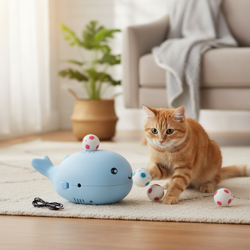Floating Ball Cat Toy, Whale Shape | Air-Powered, USB Charging