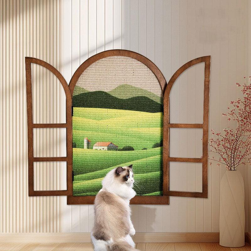 Wall Cat Scratcher, Window Frame Design | Countryside Scene, Solid Wood, 15.7 x 23.6 in