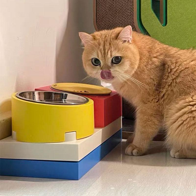 Building Block Cat Bowl Set | 15° Tilted Holders, Steel or Ceramic Bowls