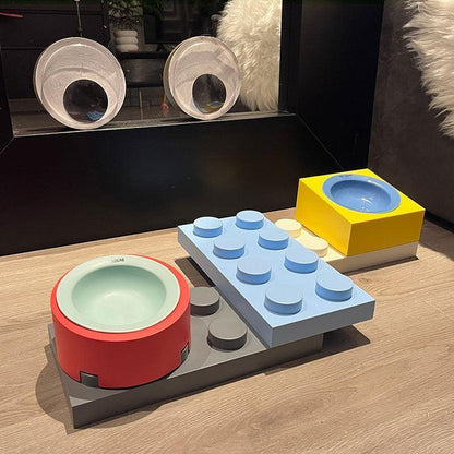 Building Block Cat Bowl Set | 15° Tilted Holders, Steel or Ceramic Bowls