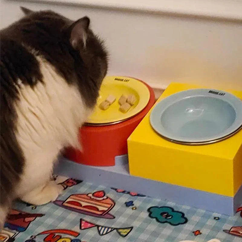 Building Block Cat Bowl Set | 15° Tilted Holders, Steel or Ceramic Bowls