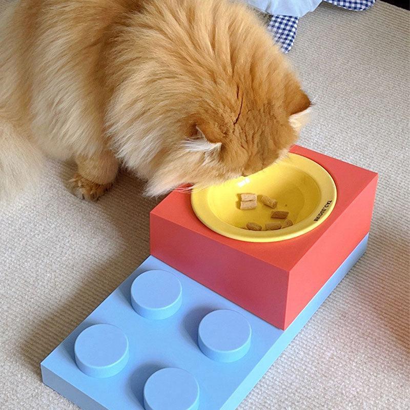 Building Block Cat Bowl Set | 15° Tilted Holders, Steel or Ceramic Bowls
