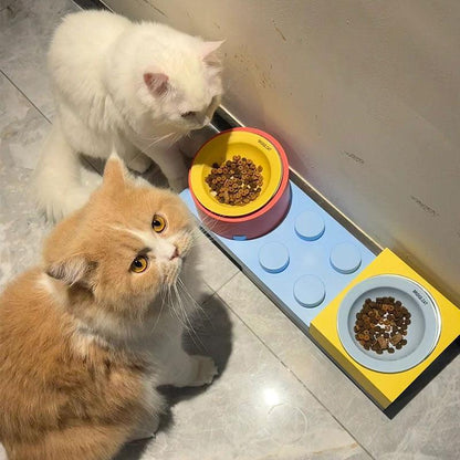 Building Block Cat Bowl Set | 15° Tilted Holders, Steel or Ceramic Bowls