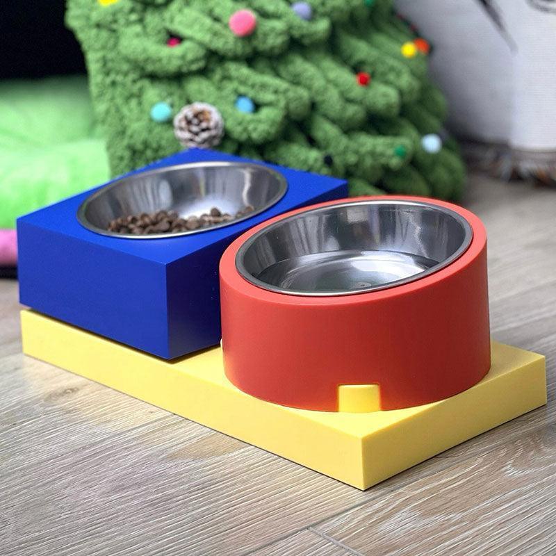 Building Block Cat Bowl Set | 15° Tilted Holders, Steel or Ceramic Bowls