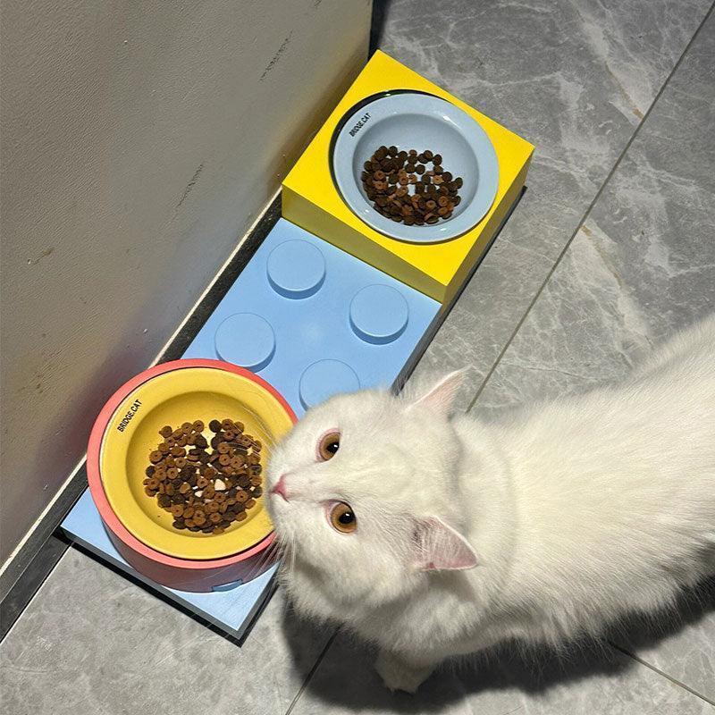 Building Block Cat Bowl Set | 15° Tilted Holders, Steel or Ceramic Bowls