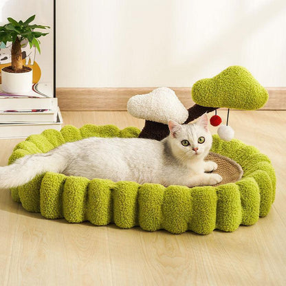 Oval Cat Scratcher Bed with Tree Decor | Plush Rim, 25.6 in