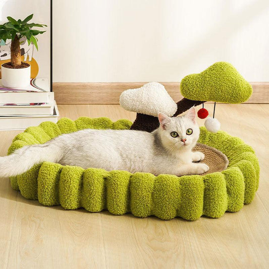 Oval Cat Scratcher Bed with Tree Decor | Plush Rim, 25.6 in