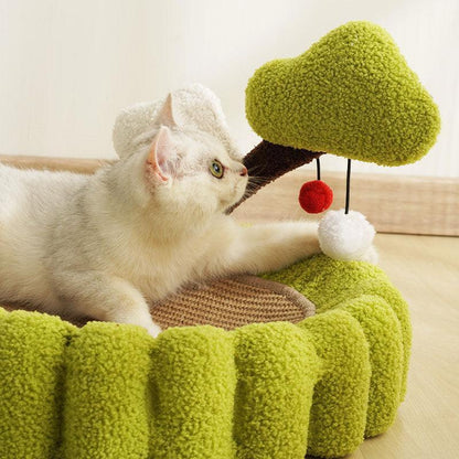 Oval Cat Scratcher Bed with Tree Decor | Plush Rim, 25.6 in