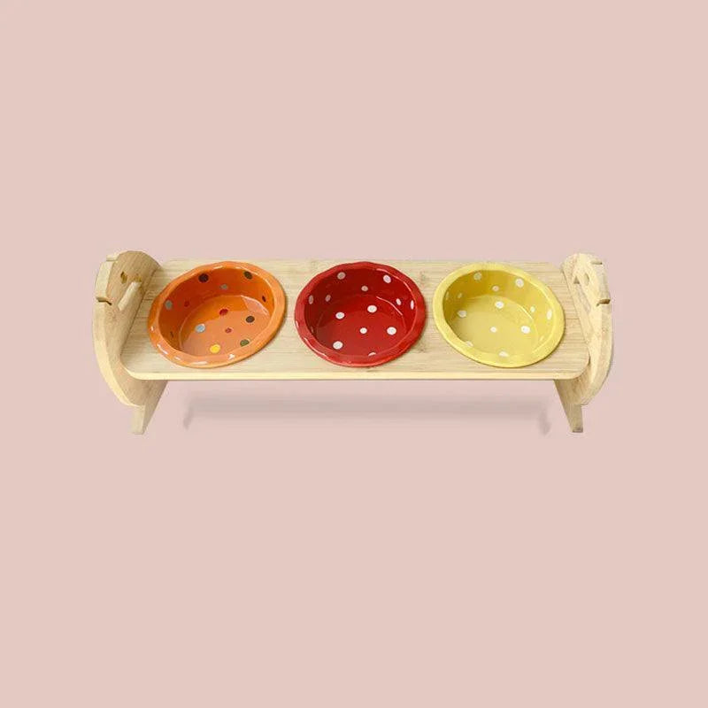 Elevated Cat Bowls with Bamboo Stand | Adjustable Height, 2 to 4 Ceramic Bowls