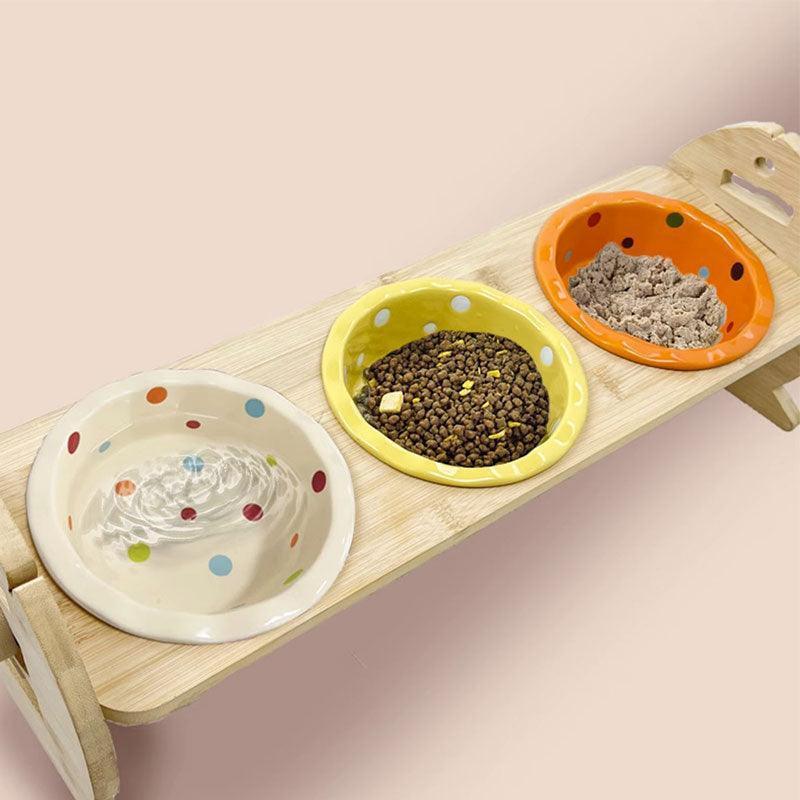 Elevated Cat Bowls with Bamboo Stand | Adjustable Height, 2 to 4 Ceramic Bowls