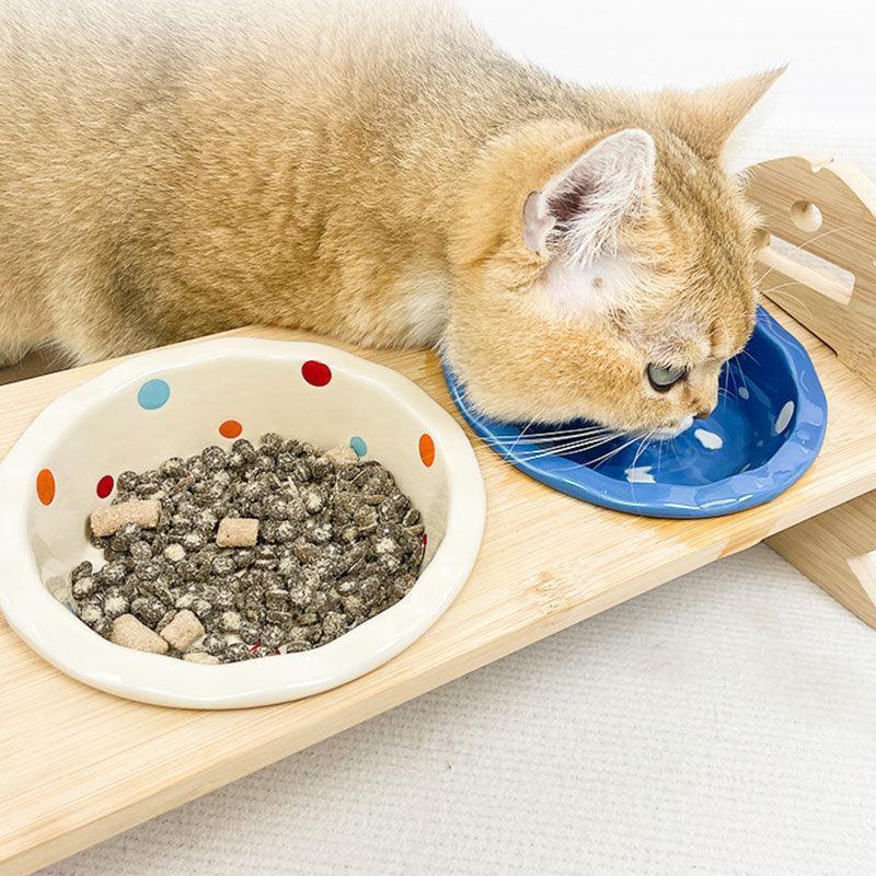 Elevated Cat Bowls with Bamboo Stand | Adjustable Height, 2 to 4 Ceramic Bowls