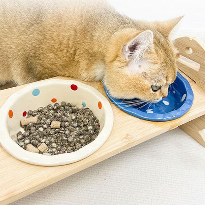 Elevated Cat Bowls with Bamboo Stand | Adjustable Height, 2 to 4 Ceramic Bowls