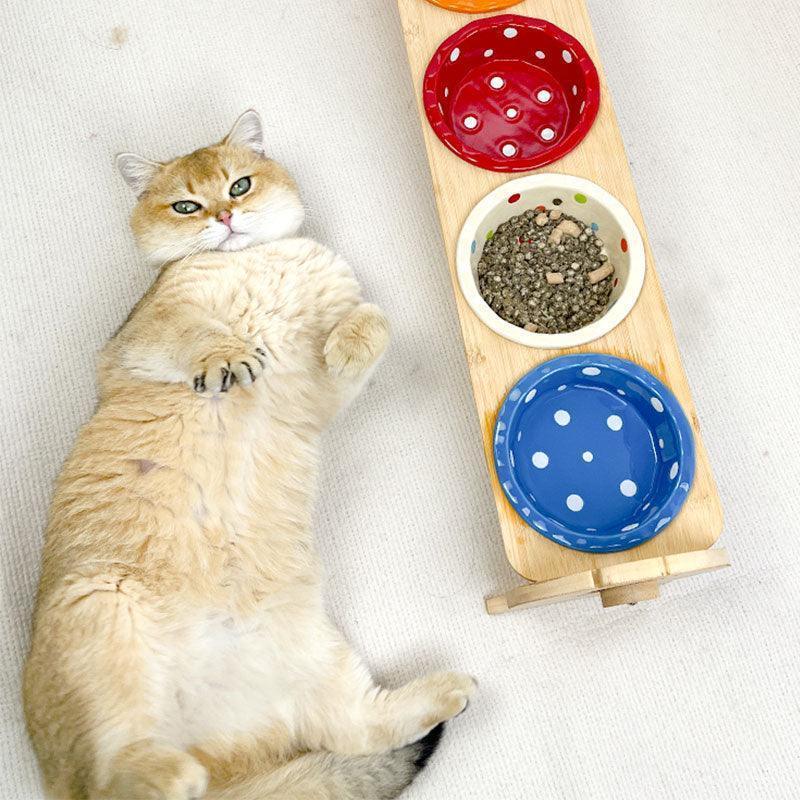 Elevated Cat Bowls with Bamboo Stand | Adjustable Height, 2 to 4 Ceramic Bowls