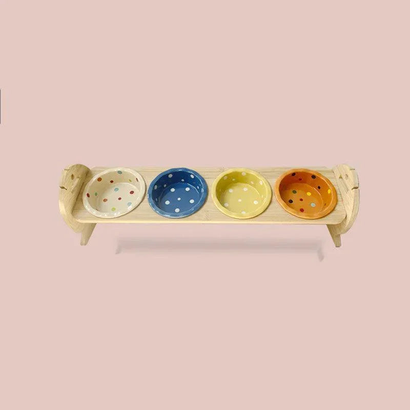 Elevated Cat Bowls with Bamboo Stand | Adjustable Height, 2 to 4 Ceramic Bowls