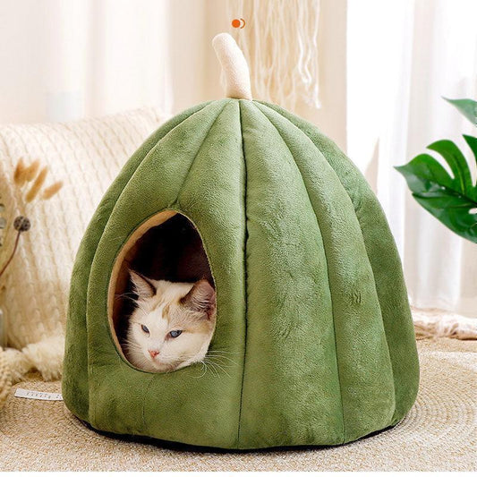 Pumpkin Cat Cave Bed | Plush, Semi-Enclosed, M or L, 3 Colors