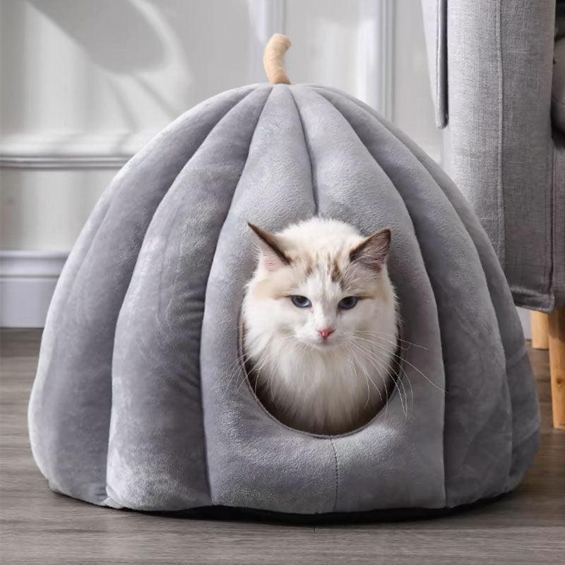 Pumpkin Cat Cave Bed | Plush, Semi-Enclosed, M or L, 3 Colors
