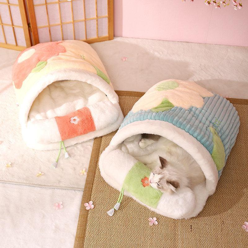 Cat Sleeping Bag Bed | Plush Cave with Quilted Cover and Pillow, 25.2 in
