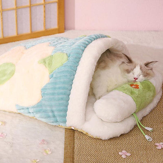 Cat Sleeping Bag Bed | Plush Cave with Quilted Cover and Pillow, 25.2 in